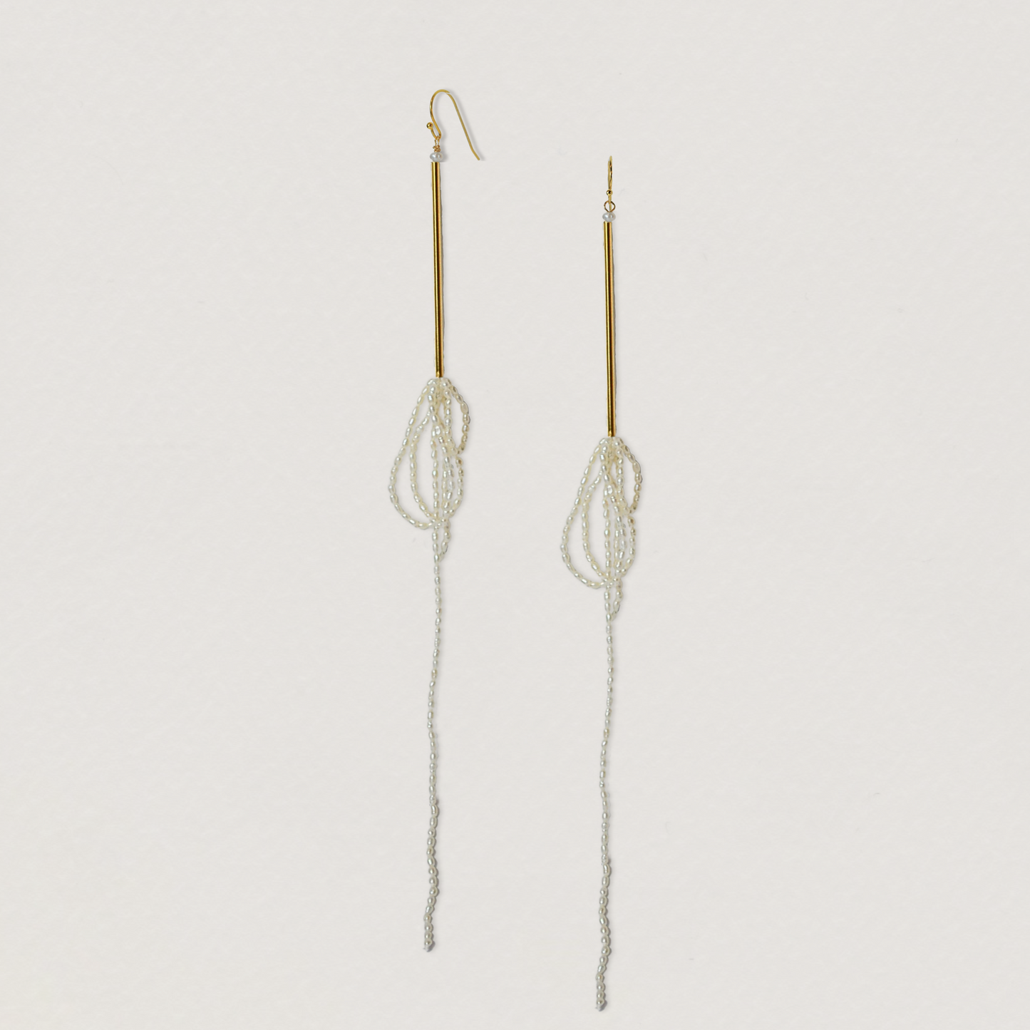 long gold bar with small pearl chain drop earrings handmade stylish