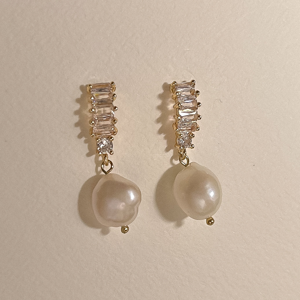 Layla Gold CZ and Pearl Bar Drop Studs