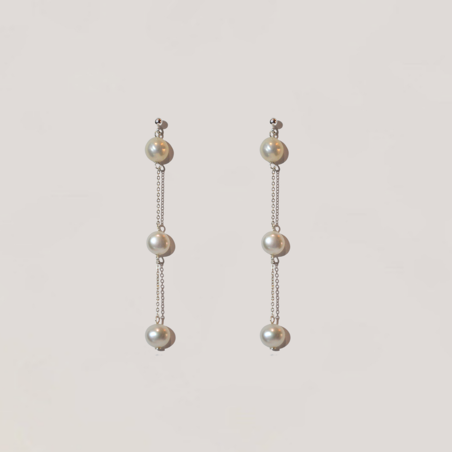 Olivia Collection, long silver chain with 3 pearl drop earrings, bar stud