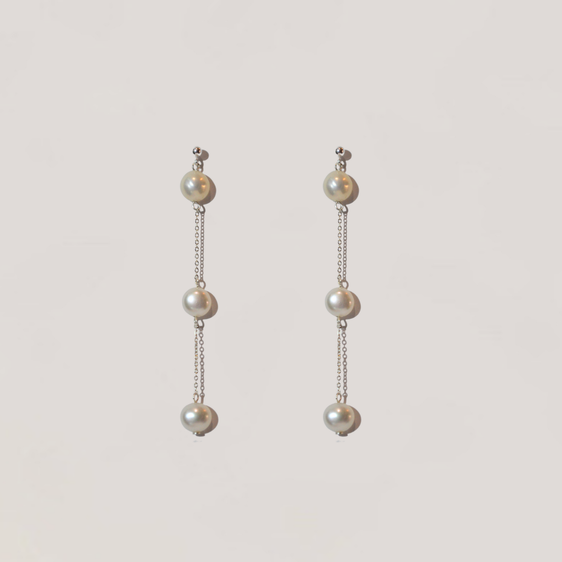 Olivia Collection, long silver chain with 3 pearl drop earrings, bar stud