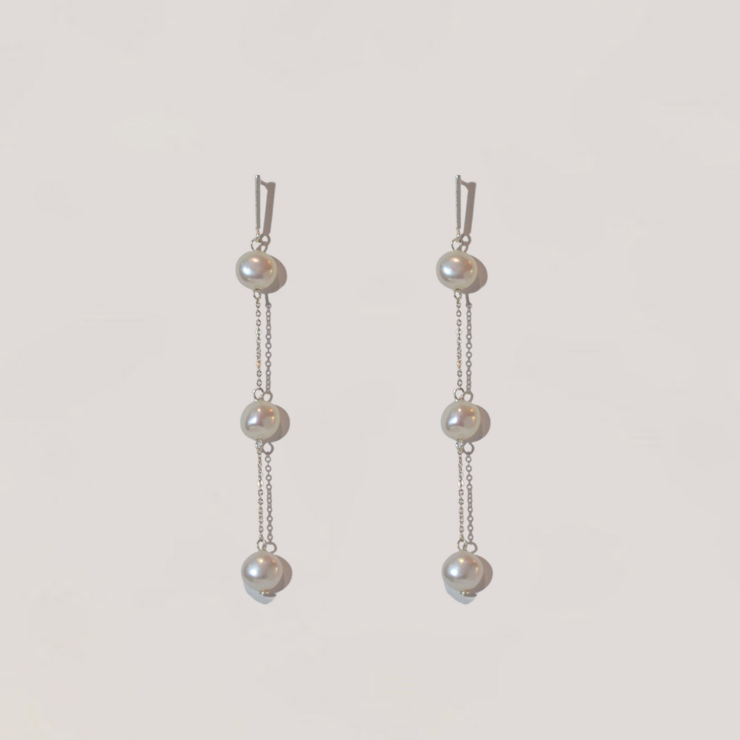 Olivia Collection, long silver chain with 3 pearl drop earrings, bar stud