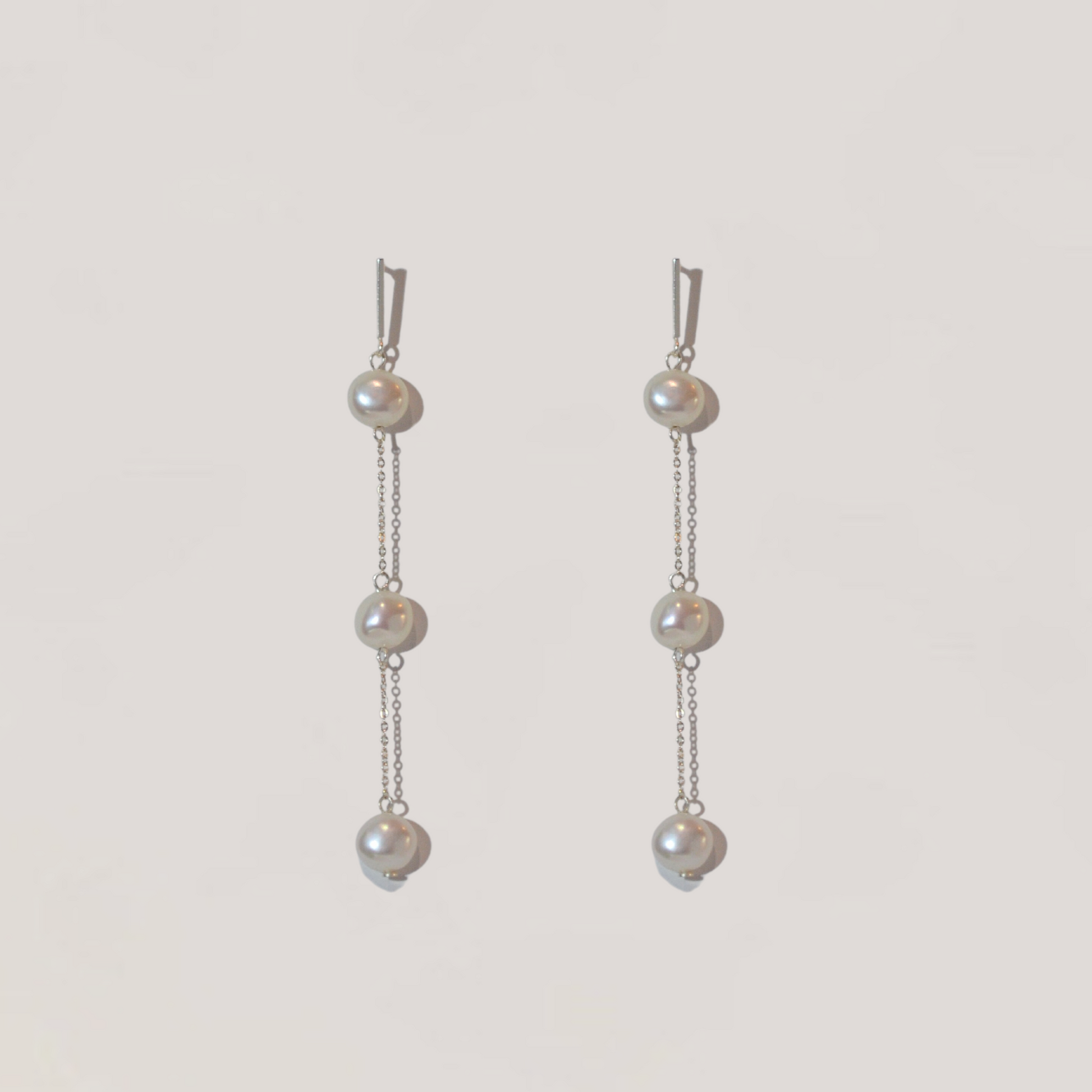 Olivia Collection, long silver chain with 3 pearl drop earrings, bar stud