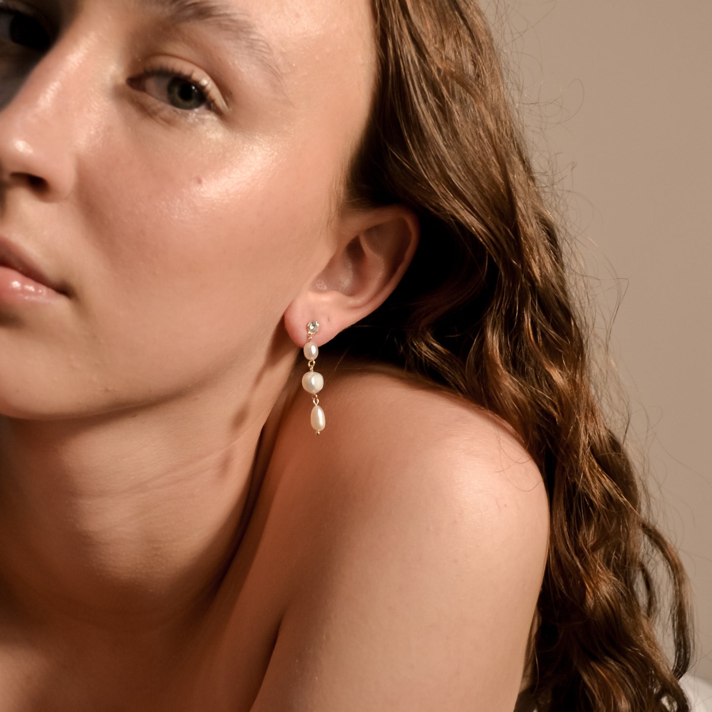 Model wearing Penelope collection, wedding 3 pearl short drop with ball stud, handmade