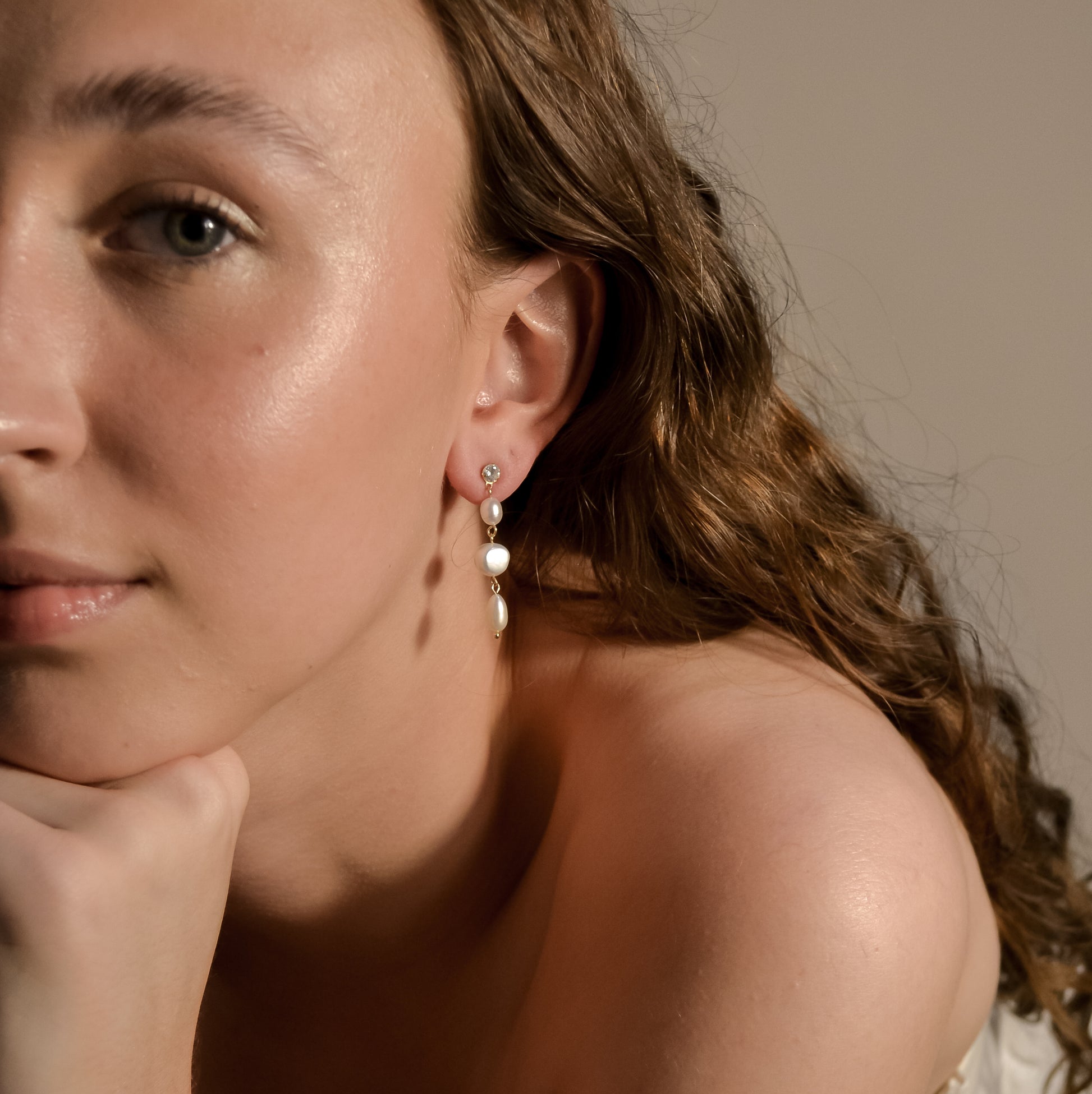 Model wearing Penelope collection, wedding 3 pearl short drop with ball stud, handmade