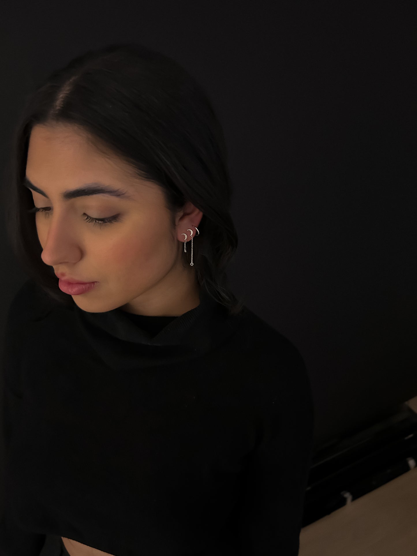 Phoebe Silver Moon Chain Drop Studs