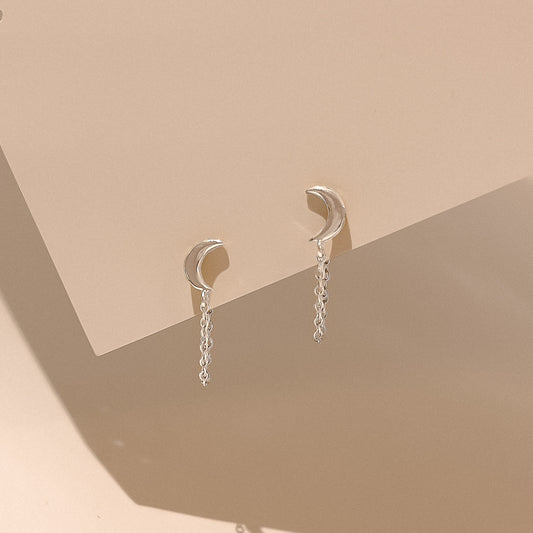 Phoebe Silver Moon Chain Drop Studs