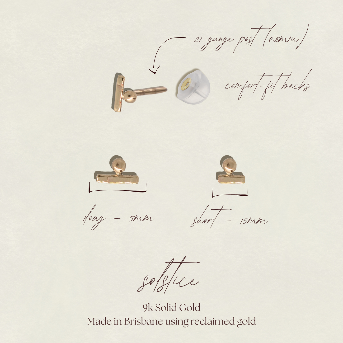 Bar Stud Earrings -  Solstice Studs in 9k Solid Gold