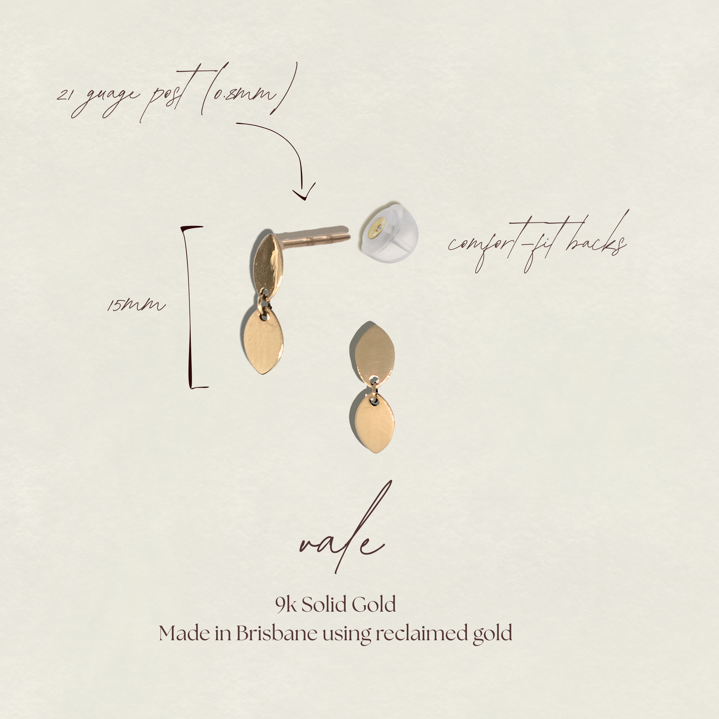 Petal Leaf Droplet Stud Earrings - Vale Studs in 9k Solid Gold