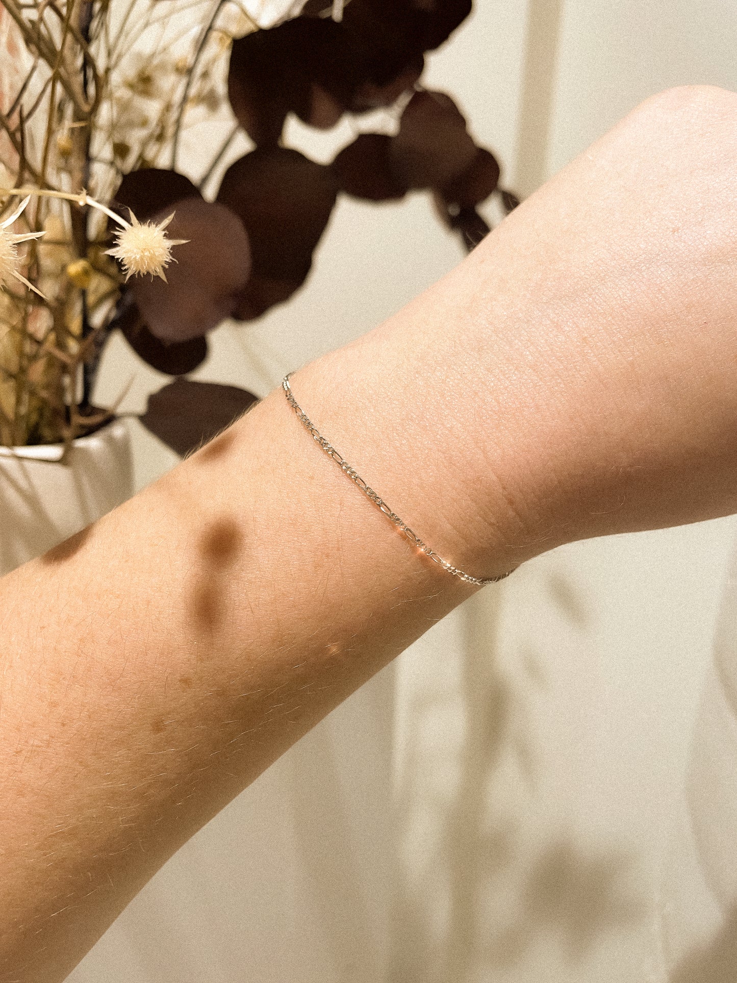 Fine Figaro Chain Bracelet in Solid 9k White Gold