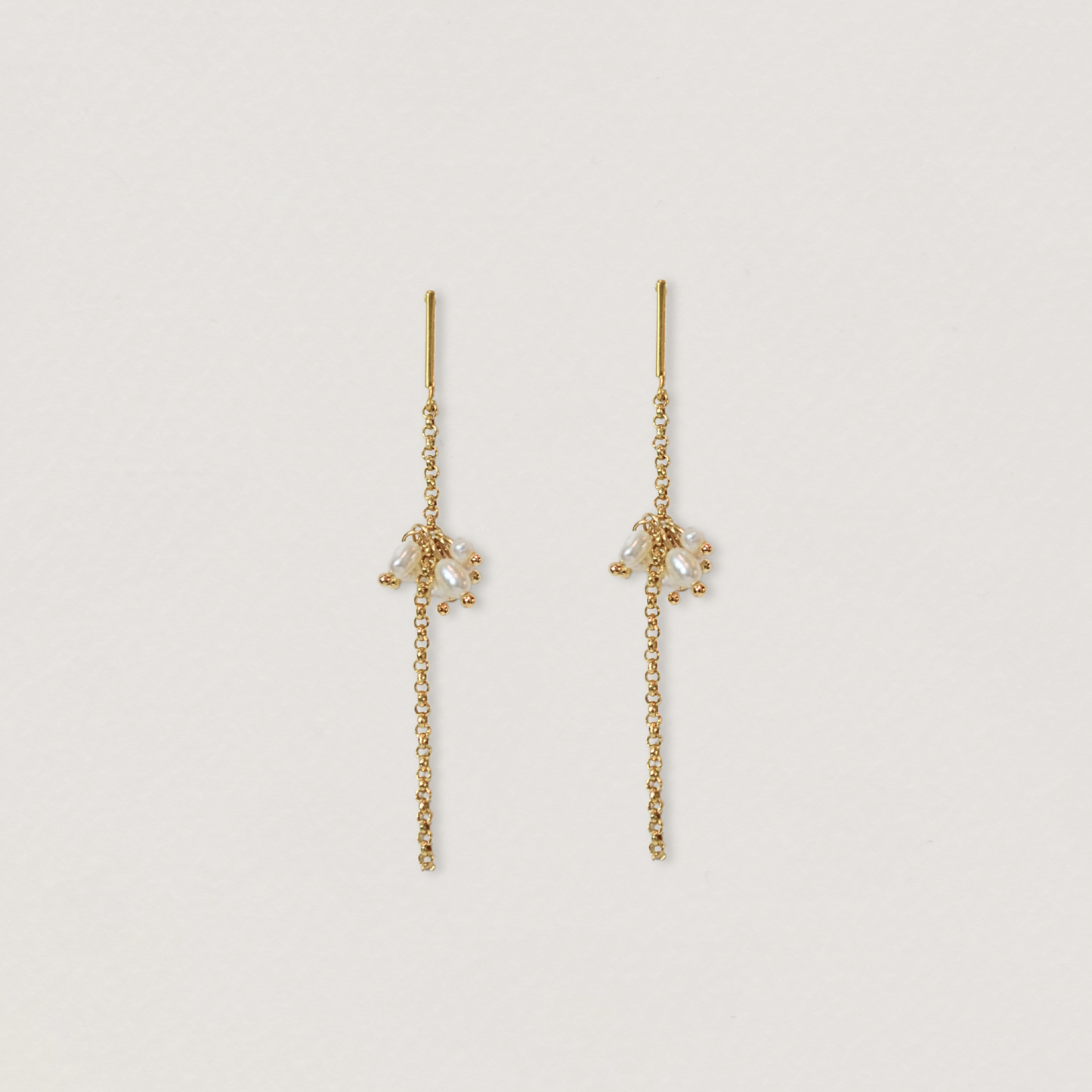 willow collection, simple elegant, gold chain, long drop, seed pearl cluster earrings