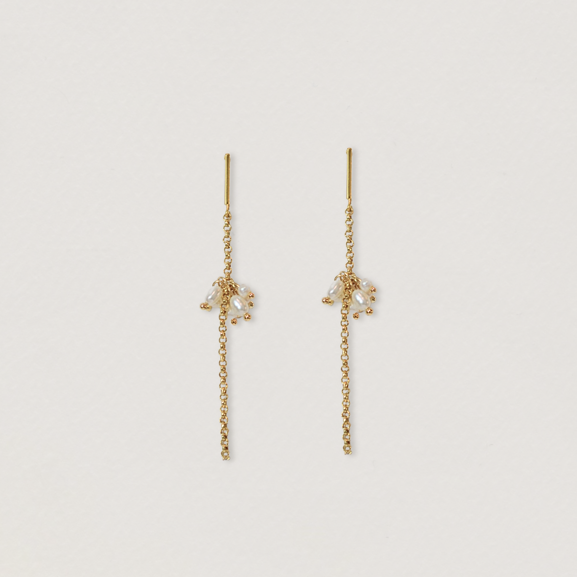 willow collection, simple elegant, gold chain, long drop, seed pearl cluster earrings