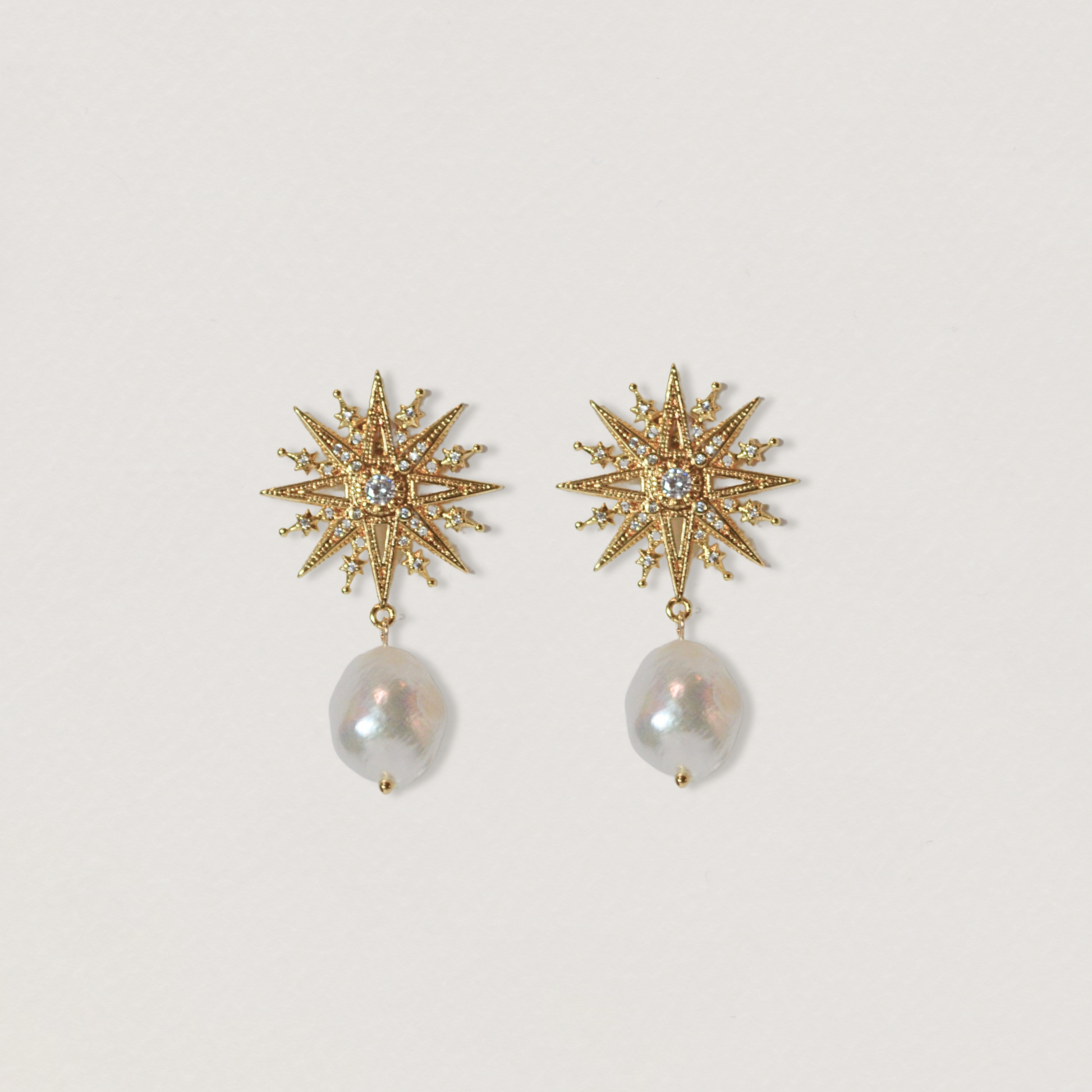 Clementine collection, single pearl, bold gold star earrings 