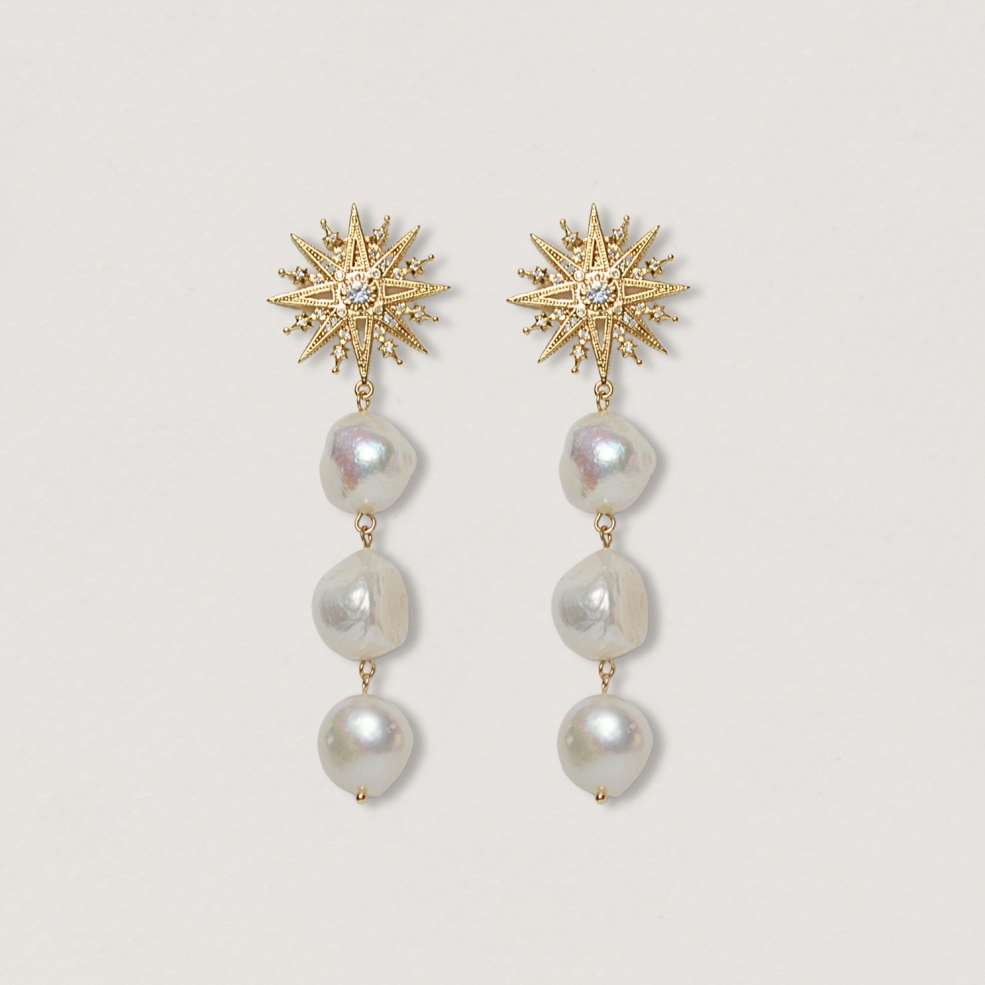 bold 3 pearl drop earrings with star stud, unique, original, handmade 