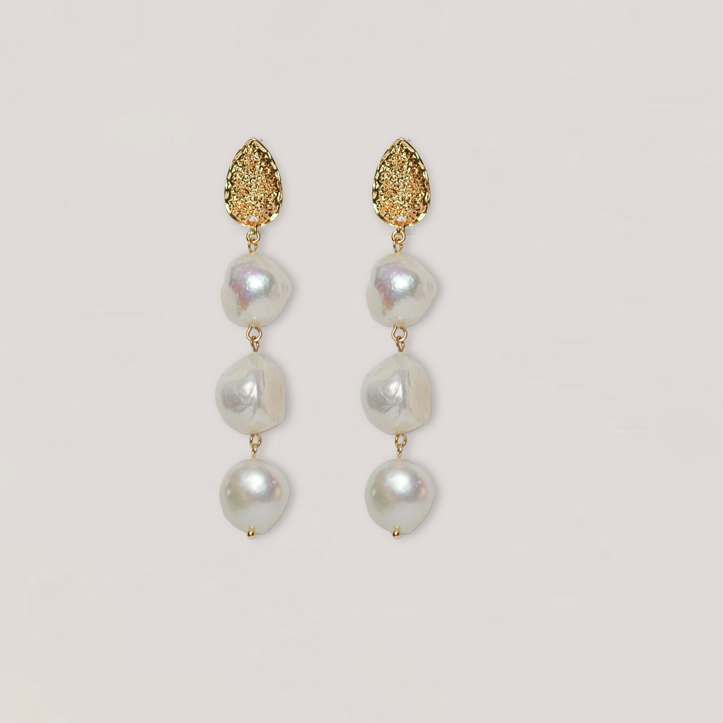 Josephine  collection , gold, 3 large pearl  drop, simple and stylish  earring 