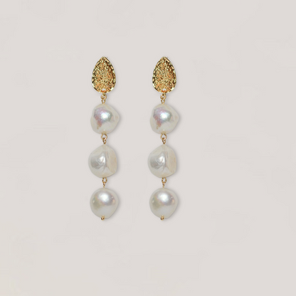 Josephine  collection , gold, 3 large pearl  drop, simple and stylish  earring 