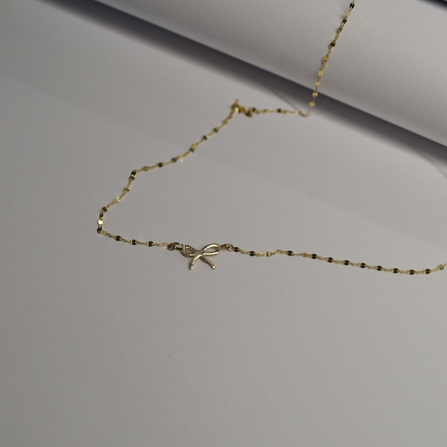 Bow Charm on Petal Chain Necklace in Solid 9k Gold