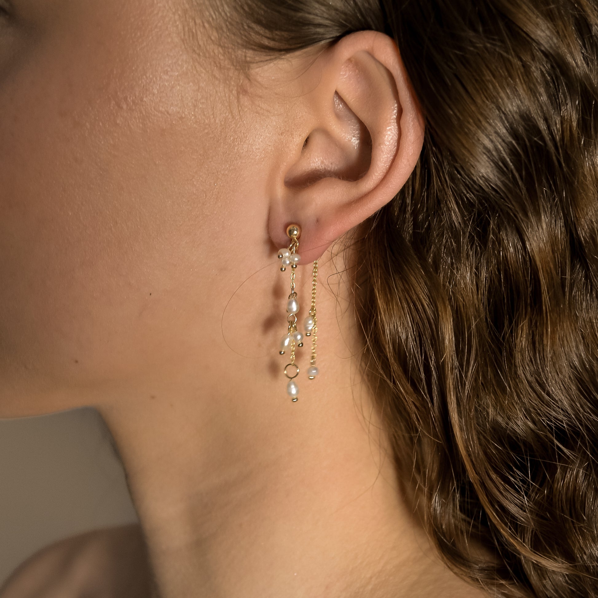 model wearing Dulcie collection, wedding pearl, dainty, gold chain earrings, handmade, designer