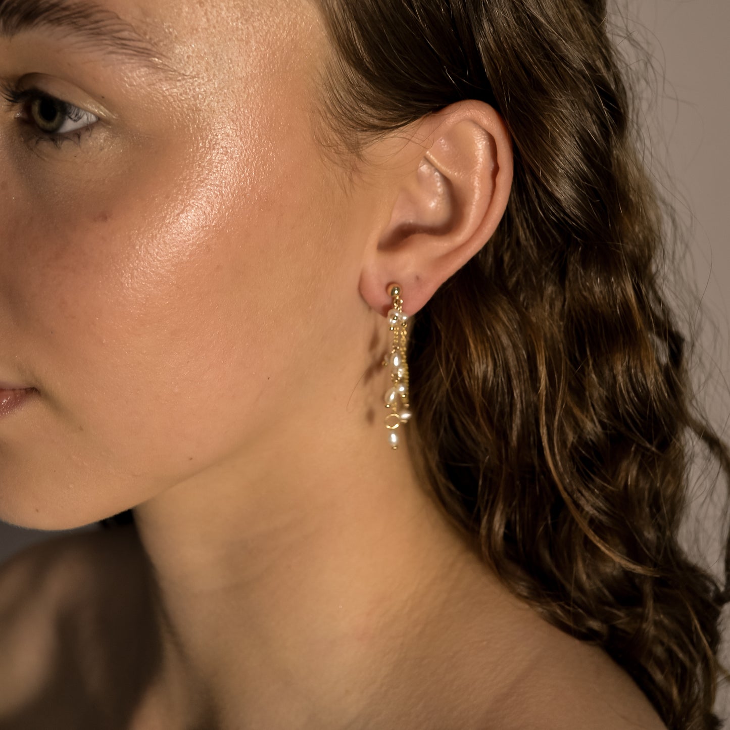 model wearing Dulcie collection, wedding pearl, dainty gold chain earrings, handmade, designer