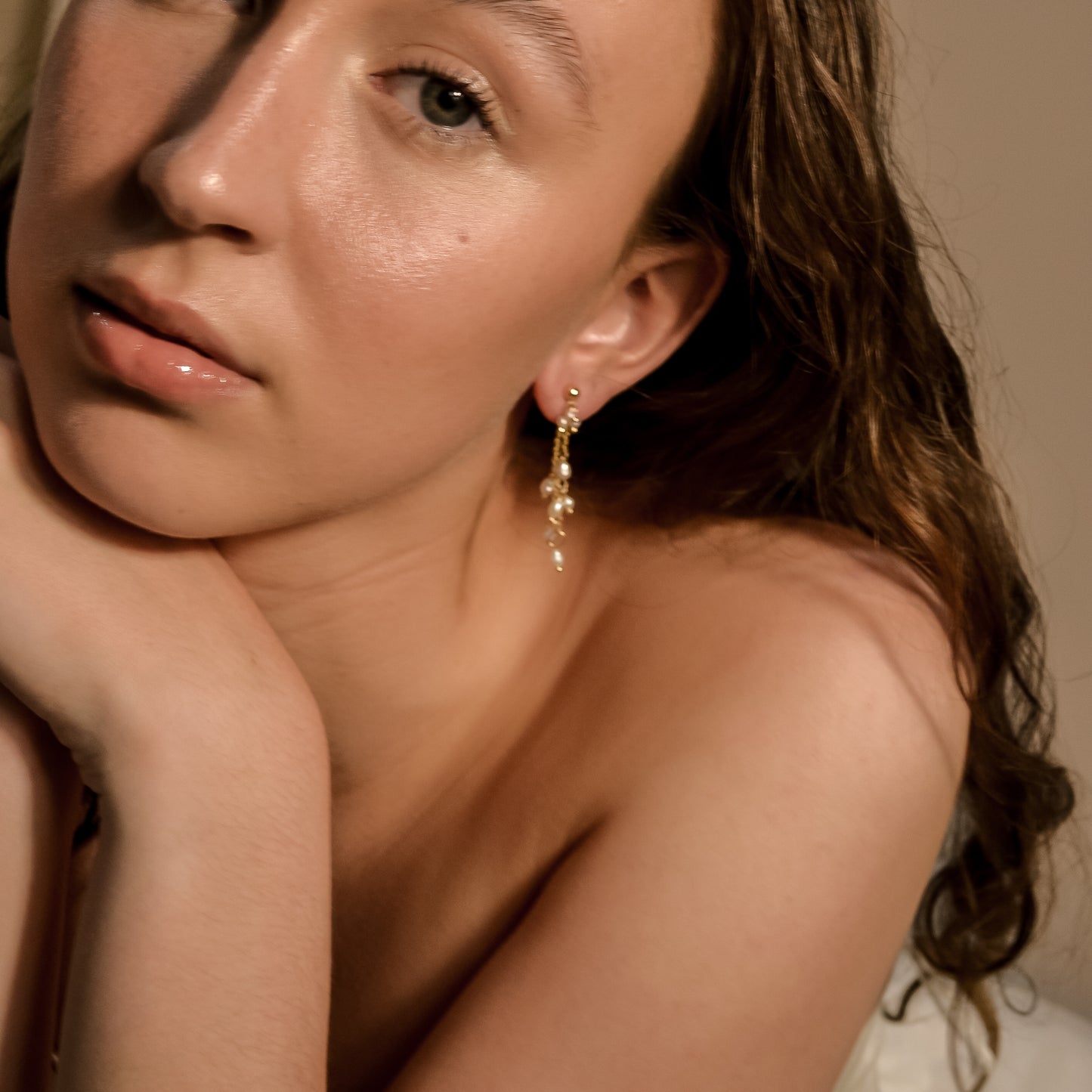 model wearing Dulcie collection, wedding pearl, dainty gold chain earrings, handmade, designer