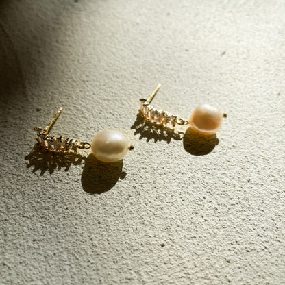 Layla Gold CZ and Pearl Bar Drop Studs