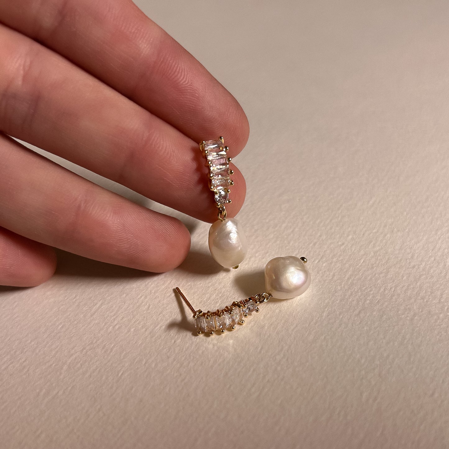 Layla Gold CZ and Pearl Bar Drop Studs