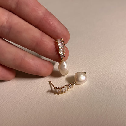 Layla Gold CZ and Pearl Bar Drop Studs