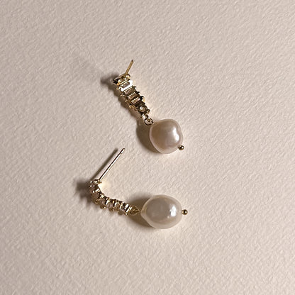 Layla Gold CZ and Pearl Bar Drop Studs