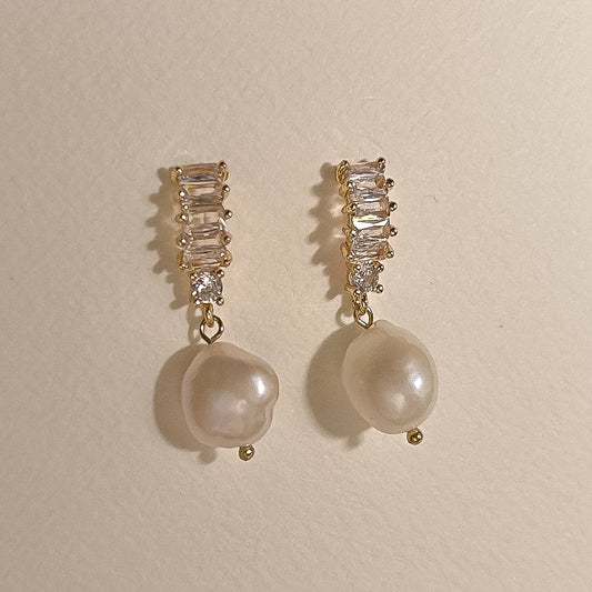 Layla Gold CZ and Pearl Bar Drop Studs