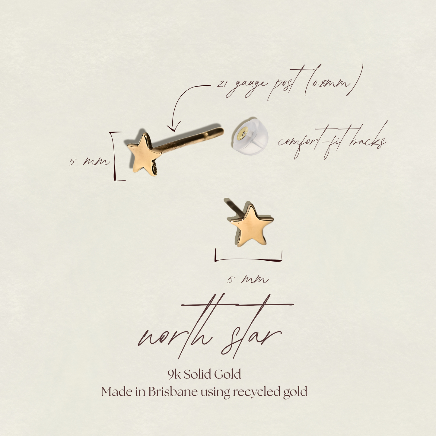 Tiny Star Studs -   North Star Studs in 9k Solid Gold