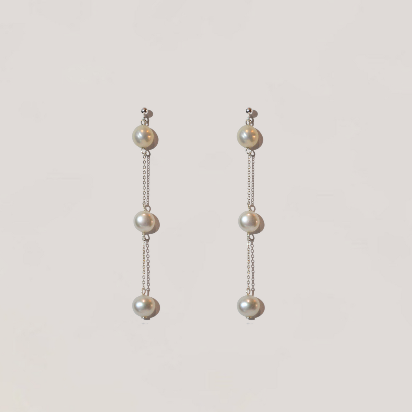 Olivia Collection, long silver chain with 3 pearl drop earrings, bar stud 