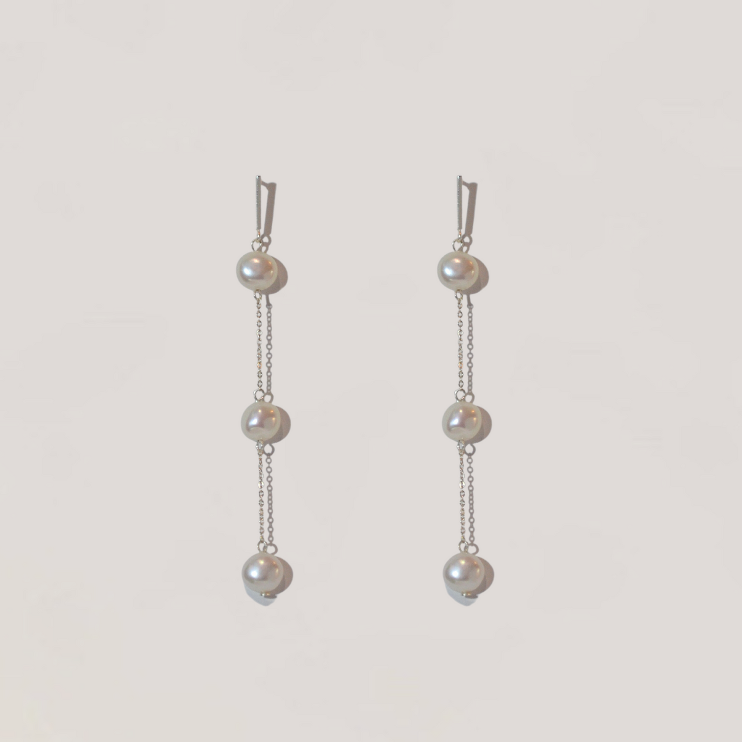 Olivia Collection, long silver chain with 3 pearl drop earrings, bar stud 