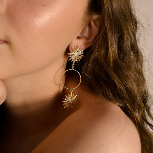 Model wearing Valentina range, unique gold earrings, gold star with circle, handmade designer 