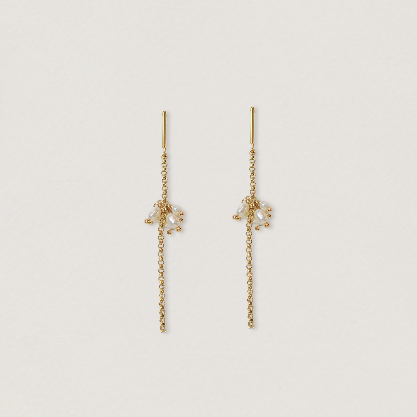 willow collection, simple elegant, gold chain, long drop, seed pearl cluster earrings 