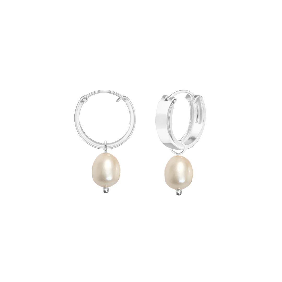 Audrey Silver Thick Pearl Hoop Earrings